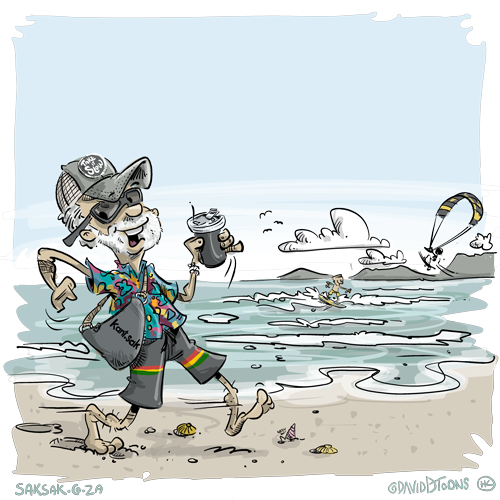 Saksak G-ZA — Beach-day caricature — full color, kite-surf in the distance. A signed feature piece.