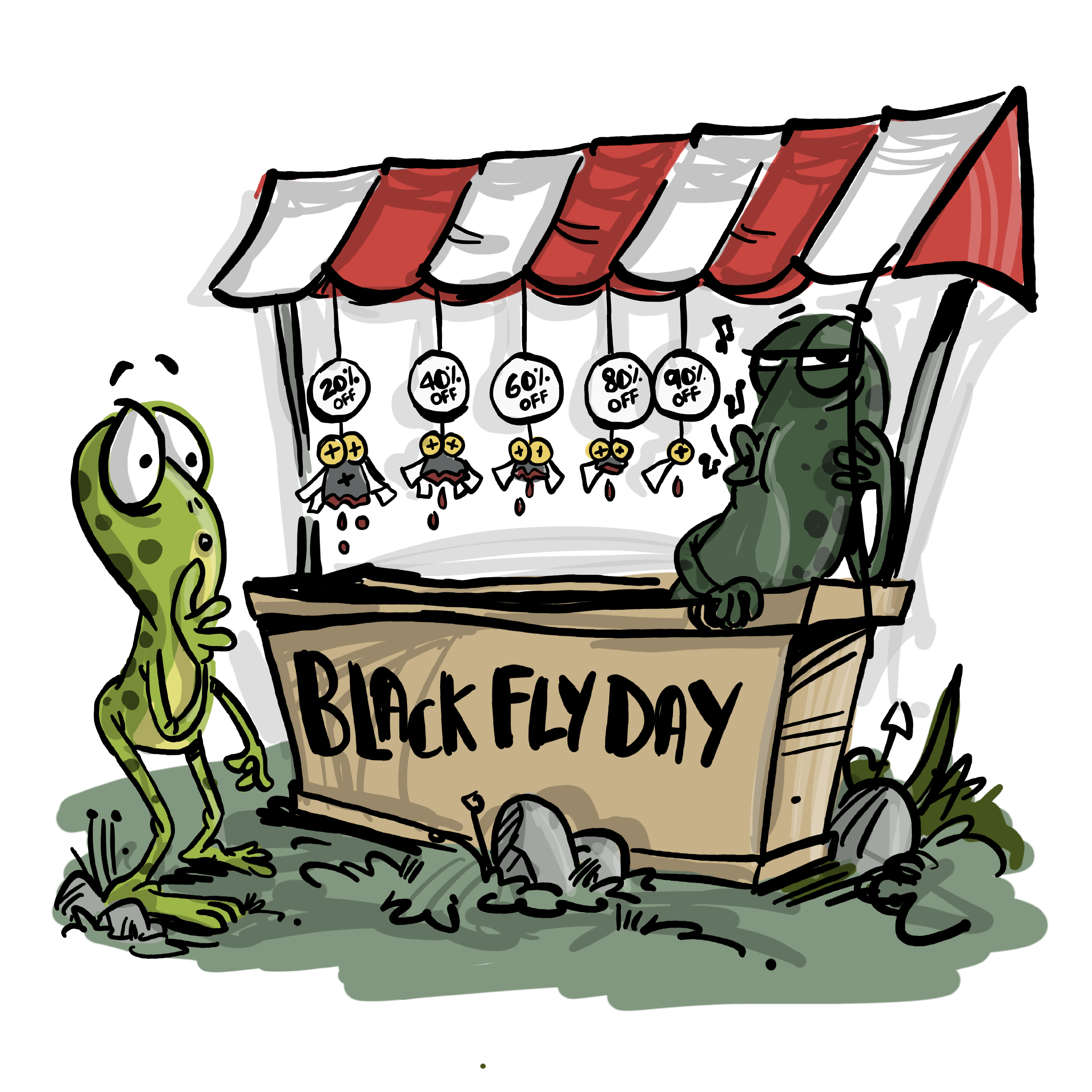 Black Fly Day comic with two toads
