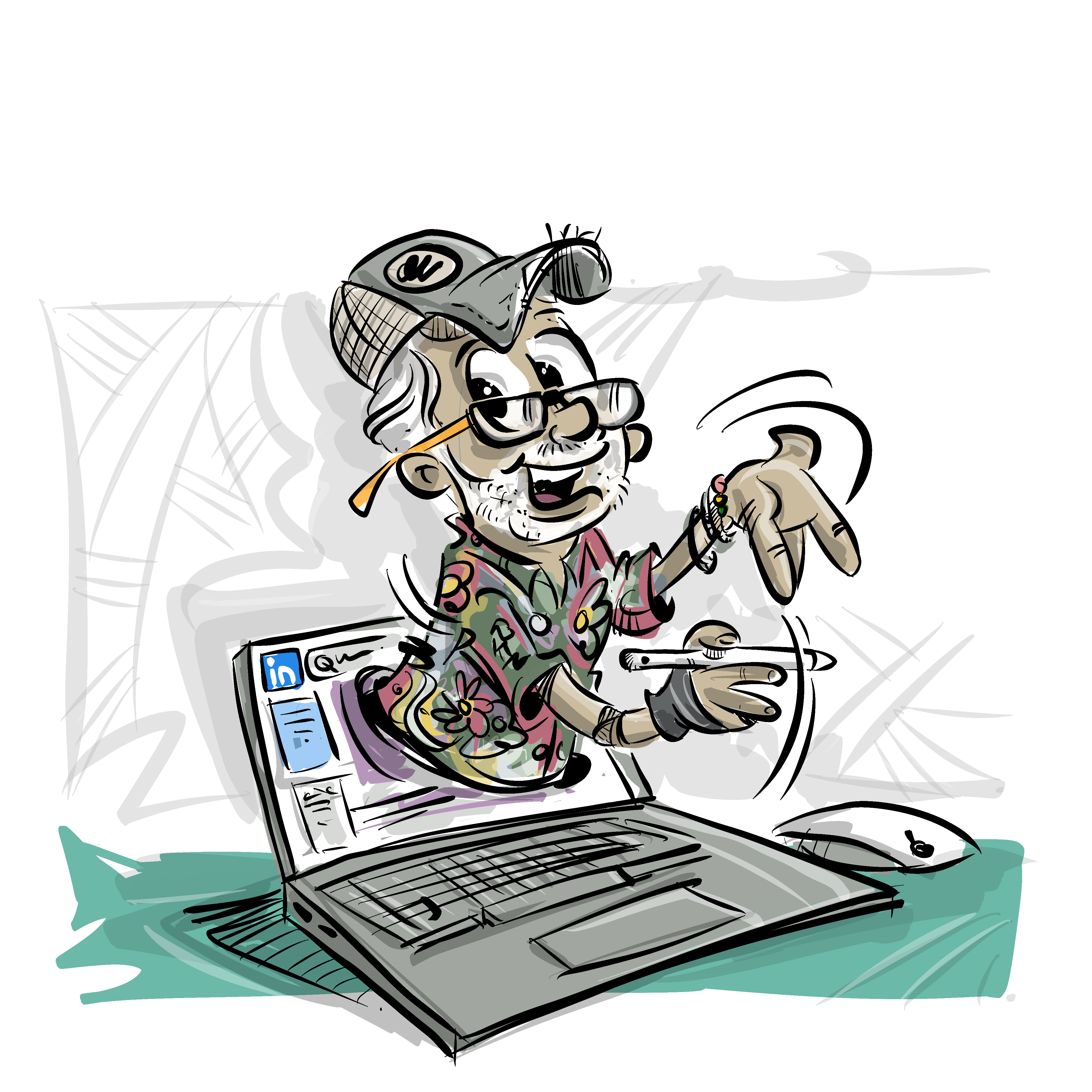 Caricature of cartoonist David Doubell drawing at a laptop